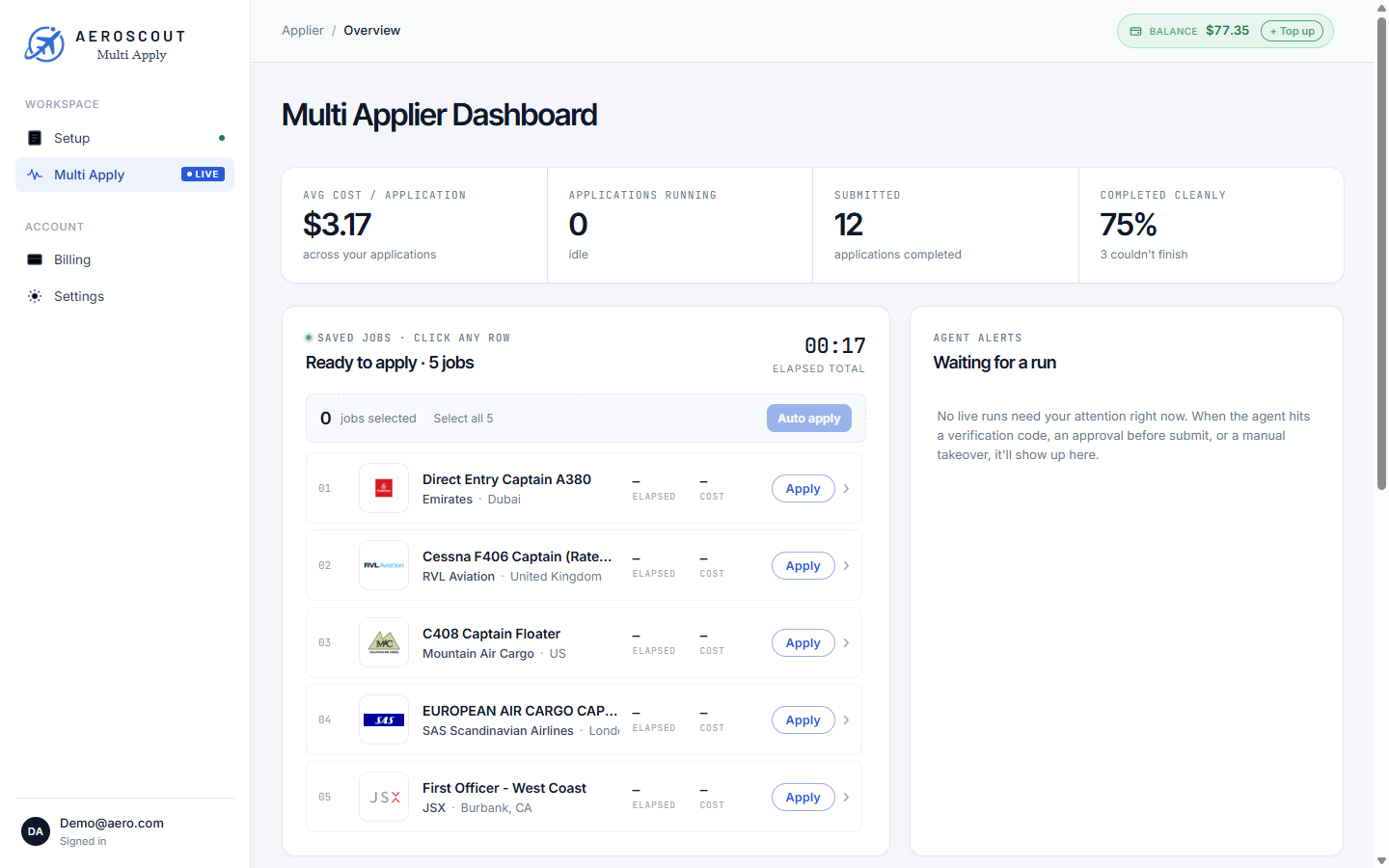 The AeroScout Multi Apply dashboard applying to airline jobs for you